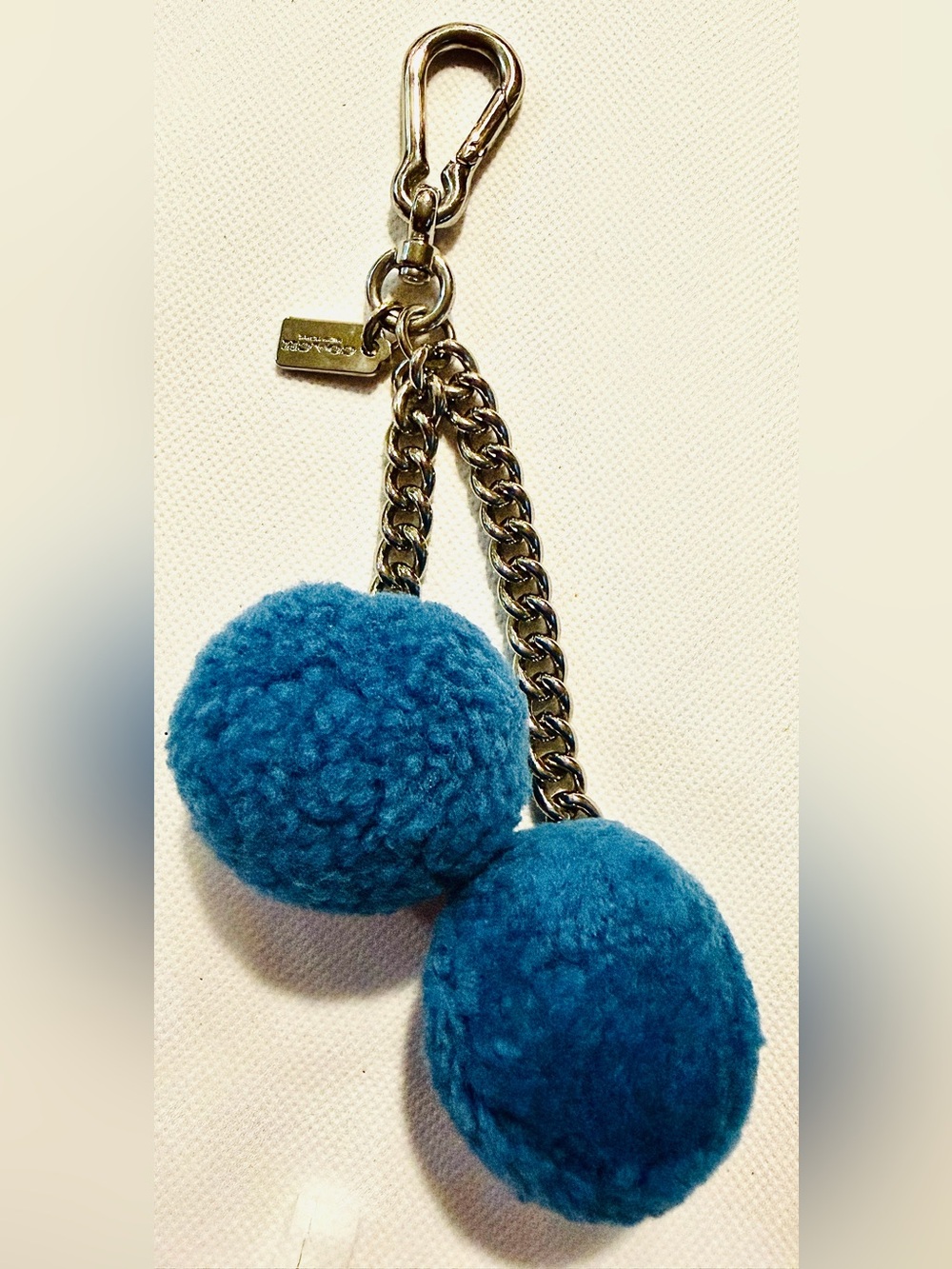 Coach Teal Blue Double Pom Pom Key Charm with Chain